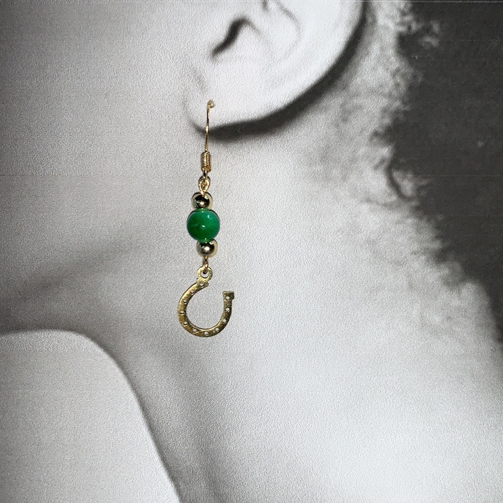 Dangling Stainless Steel Gold Tone Horseshoe pendant with Green bead St Patricks